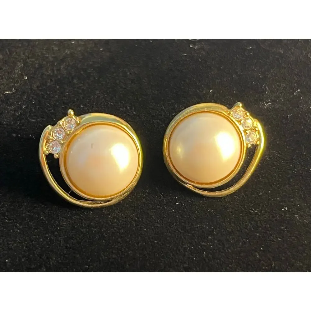 VTG Monet Earrings Clip On Gold Tone Faux Pearl Rhinestones Coquette Prom Formal